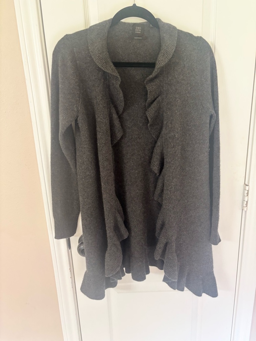 Saks Fifth Avenue 100% Cashmere Charcoal Ruffle-Front Cardigan M Quiet Luxury